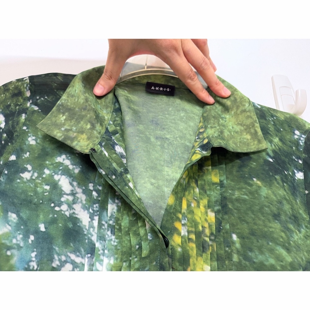 Akris Tree Forest Print Silk Chiffon Blouse Top Pleated Green Foliage Floral 8 - Picture 5 of 16